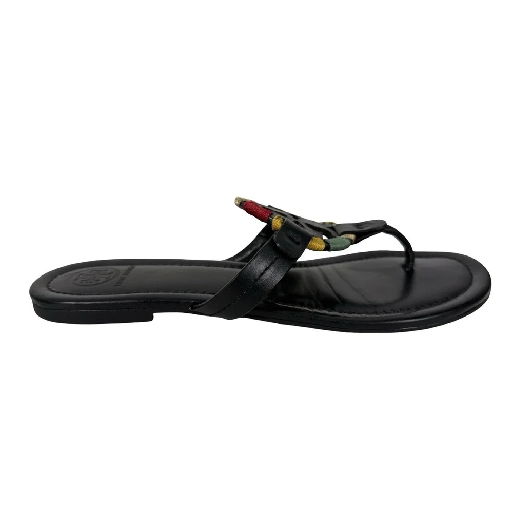 TORY BURCH Embroidered Perfect Black Matte Leather Miller Logo Sandals Size 8 M